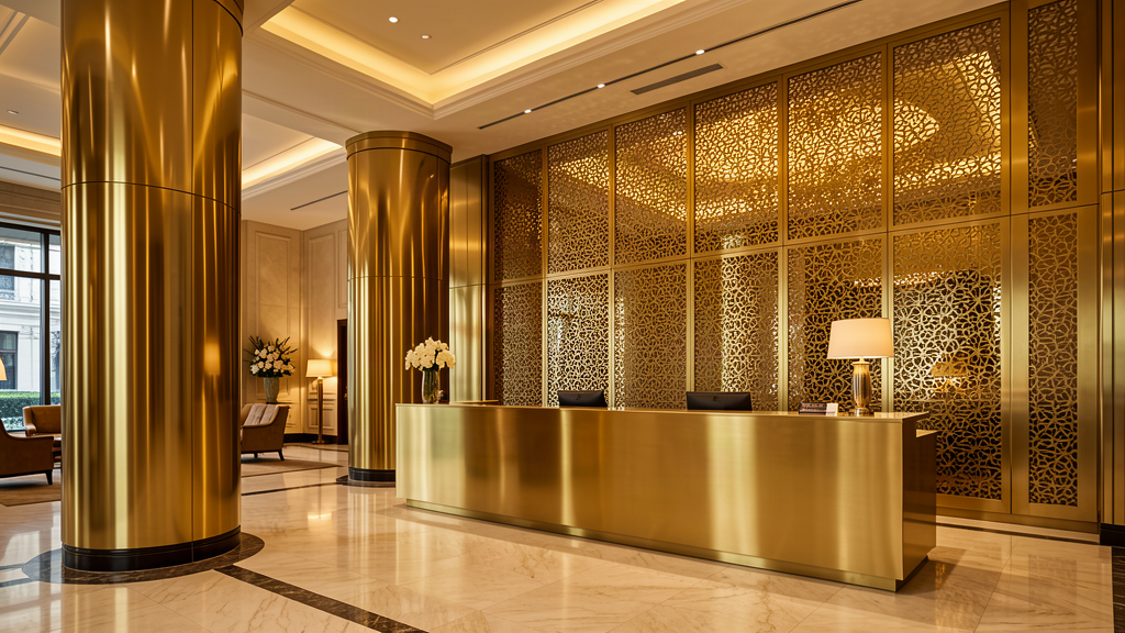 Gold PVD stainless steel cladding in a hotel lobby, Pakistan