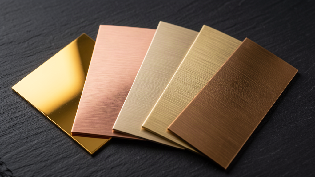 PVD gold colour swatches: mirror gold, rose gold, champagne, black titanium