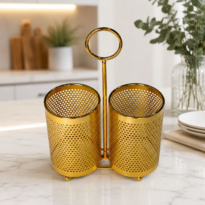 Golden Mesh Cutlery Holder — gold PVD coated stainless steel, Fusion Coatings Lahore