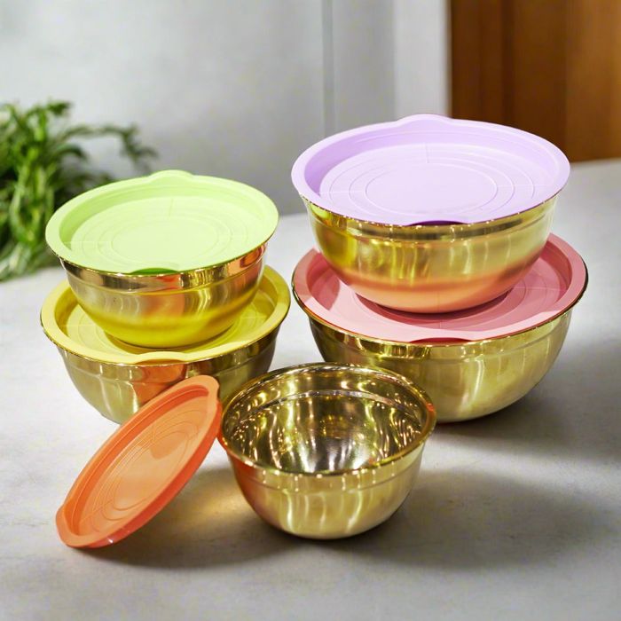 Luxury salad bowls stainless steel golden pvd coated with silicon lids (Set of 5 pieces ) — gold PVD coated stainless steel, Fusion Coatings Lahore